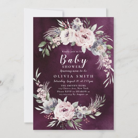 Plum & stoffige roze boho floral baby shower kaart (Voorkant)