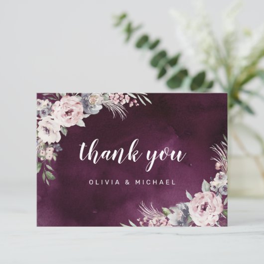 Plum & stoffige roze rustieke boho bloemendank u bedankkaart (Staand voorkant)