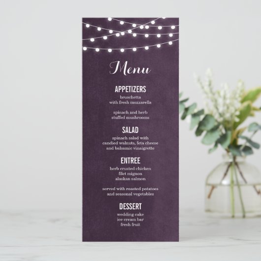 Plum String Lights Bruiloft Menu Kaart (Staand voorkant)