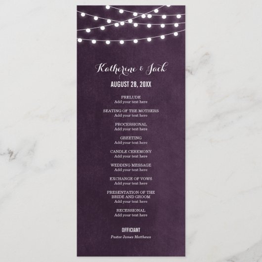 Plum String Lights Wedding Program Programmakaart (Voorkant)