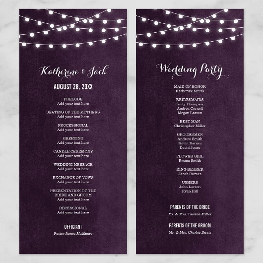 Plum String Lights Wedding Program Programmakaart