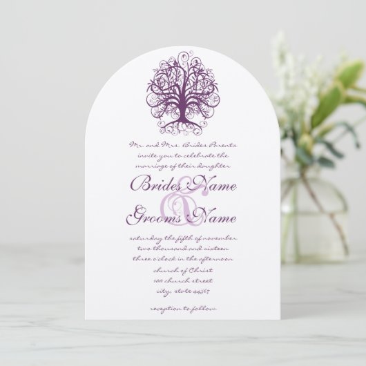 Plum Swirl Tree Roots of Love Wedding Invitate Kaart (Staand voorkant)