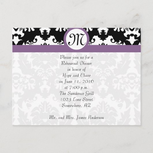 Plum Trim Black Damask Hearts Rehearsal Dinner Uitnodiging Briefkaart (Voorkant)