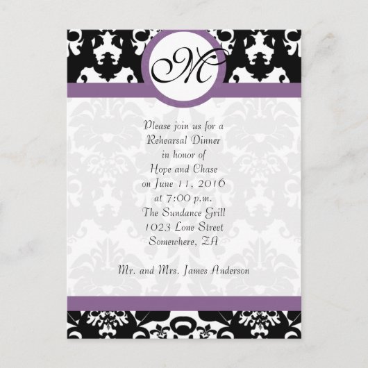 Plum Trim Black Damask Hearts Rehearsal Dinner Uitnodiging Briefkaart (Voorkant)
