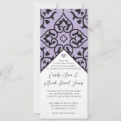 Plum Trim Black Damask Swirls Wedding Invitation Kaart (Voorkant)