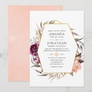 Plum Velvet and Blush Pink Floral Wedding Kaart