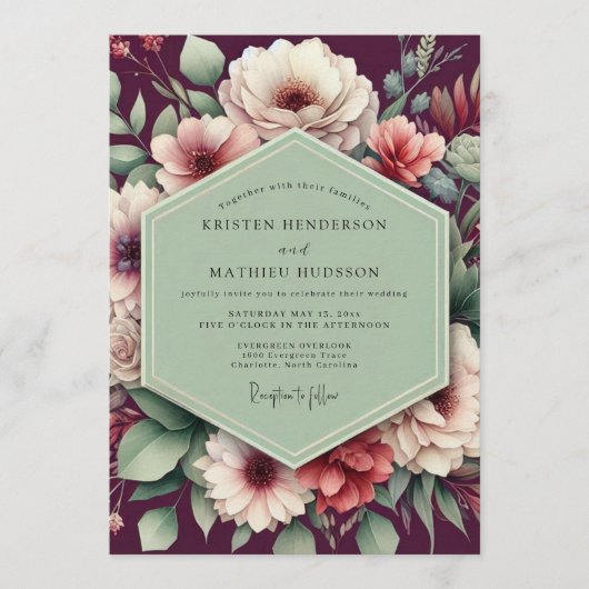Plum Verdant Bloom Wedding Kaart (Voorkant)