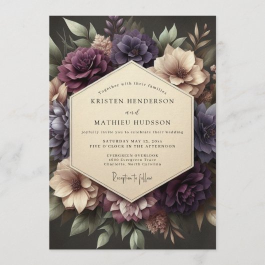 Plum Victorian Bloom Wedding Kaart (Voorkant)
