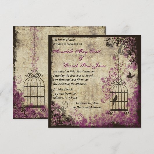 Plum Vintage Wedding Birdcage Uitnodiging (Voorkant / Achterkant)