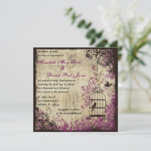Plum Vintage Wedding Birdcage Uitnodiging (Staand voorkant)