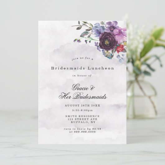 Plum Violet Chic Peony Bridesmaids Luncheon Invite (Staand voorkant)