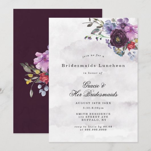 Plum Violet Chic Peony Bridesmaids Luncheon Invite (Voorkant / Achterkant)