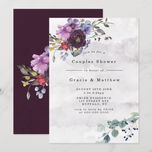 Plum Violet Chic Peony Couples Shower Invitations (Voorkant / Achterkant)