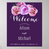 Plum violet floral elegant bruiloft welkomstbord poster (Voorkant)