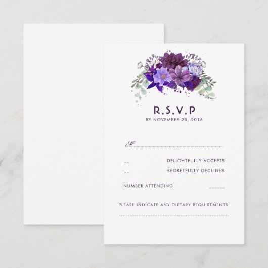 Plum Violet Flowers Elegant Wedding RSVP (Voorkant / Achterkant)