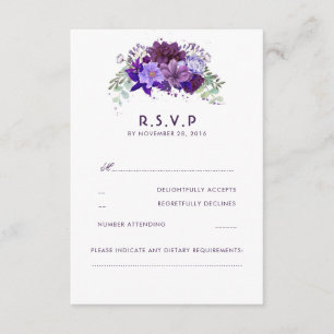 Plum Violet Flowers Elegant Wedding RSVP Kaartje