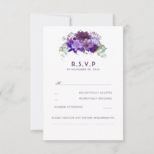 Plum Violet Flowers Elegant Wedding RSVP Kaartje (Voorkant)