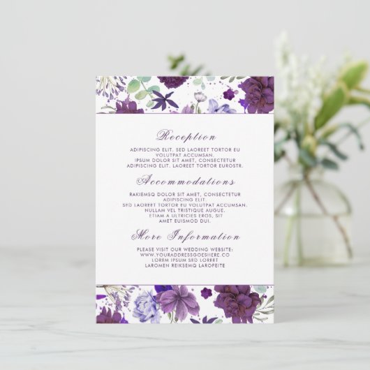 Plum Violet Flowers Trouwinformatie Gast Informatiekaartje (Staand voorkant)