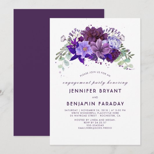 Plum Violet Paarse Floral Elegant Engagement Party Kaart (Voorkant / Achterkant)