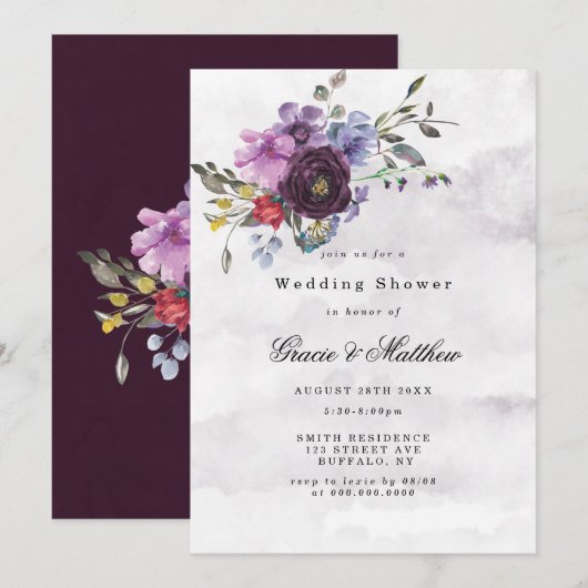 Plum Violet Peony Rustic Wedding Shower Invites (Voorkant / Achterkant)