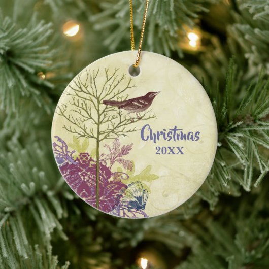 Plum  Vogel Kerstmis Koppels Foto Ornament (Boom)