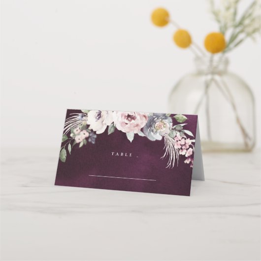 Plum waterverf & dusty roze floral boho bruiloft plaatskaartje (Voorkant)