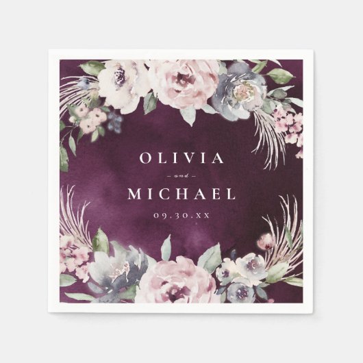 Plum waterverf & dusty roze floral boho bruiloft servet (Voorkant)