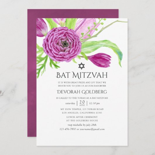 Plum Waterverf Floral Bat Mitzvah Kaart (Voorkant / Achterkant)