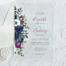 Plum Waterverf Floral Navy Blue Wedding Acryl Uitnodigingen