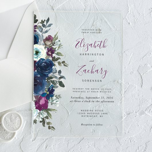Plum Waterverf Floral Navy Blue Wedding Acryl Uitnodigingen