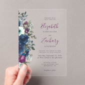 Plum Waterverf Floral Navy Blue Wedding Acryl Uitnodigingen (Insitu (Draagbaar))