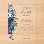 Plum Waterverf Floral Navy Blue Wedding Acryl Uitnodigingen (Voorkant)