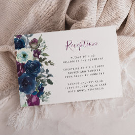 Plum Waterverf Floral Navy Blue Wedding Reception Informatiekaartje