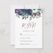 Plum Waterverf Floral Navy Blue Wedding RSVP Kaartje (Voorkant)