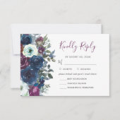 Plum Waterverf Floral Navy Blue Wedding RSVP Kaartje (Voorkant)