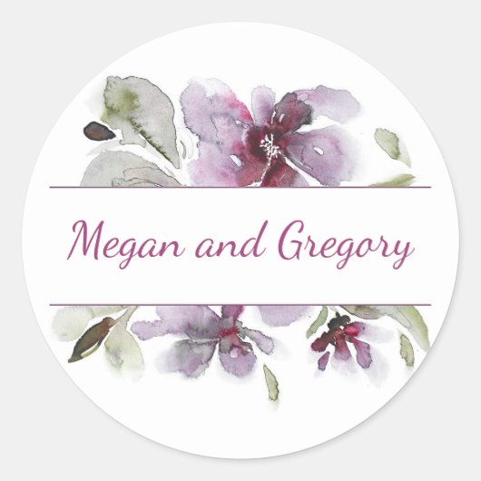 Plum Waterverf Flowers Elegante bruiloft Ronde Sticker (Voorkant)