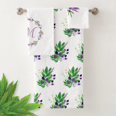 Plum Waterverf Greenery Krans Monogram Bad Handdoek