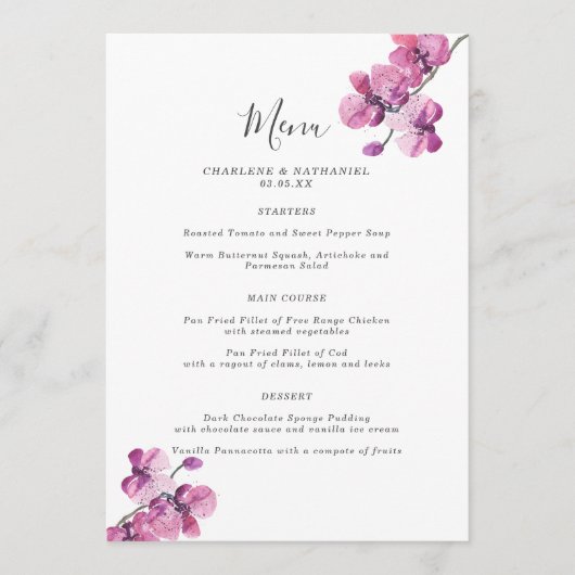 Plum Waterverf Orchid 5x7 Wedding Menu (Voorkant)