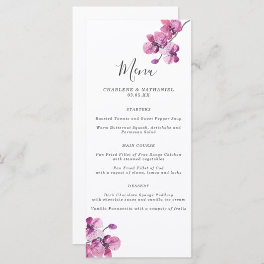 Plum Waterverf Orchid Wedding Menu (Voorkant / Achterkant)