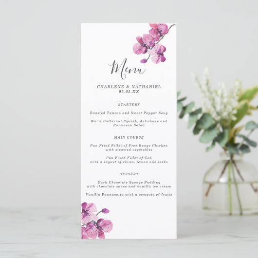Plum Waterverf Orchid Wedding Menu (Staand voorkant)