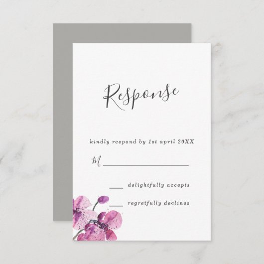 Plum Waterverf Orchids Wedding RSVP (Voorkant / Achterkant)