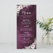 Plum waterverf & stoffige roze boho bloemenbruilof menu (Staand voorkant)