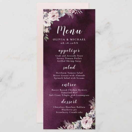 Plum waterverf & stoffige roze boho bloemenbruilof menu (Voorkant / Achterkant)