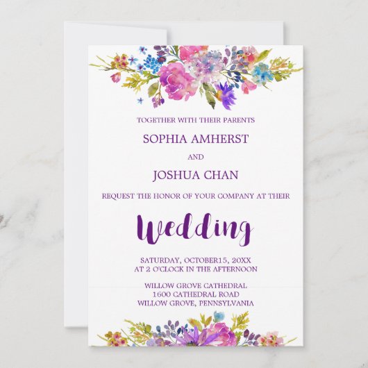 Plum Wedding Invitation Kaart met Monogram Backing (Voorkant)