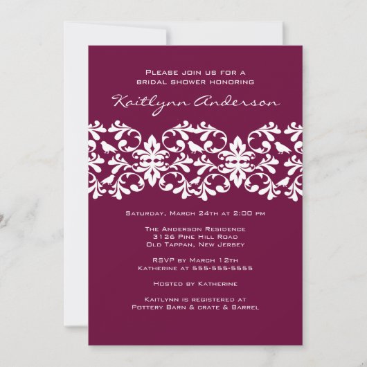 Plum & White Damask Bridal Shower Invitation Kaart (Voorkant)