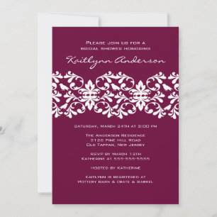 Plum & White Damask Bridal Shower Invitation Kaart