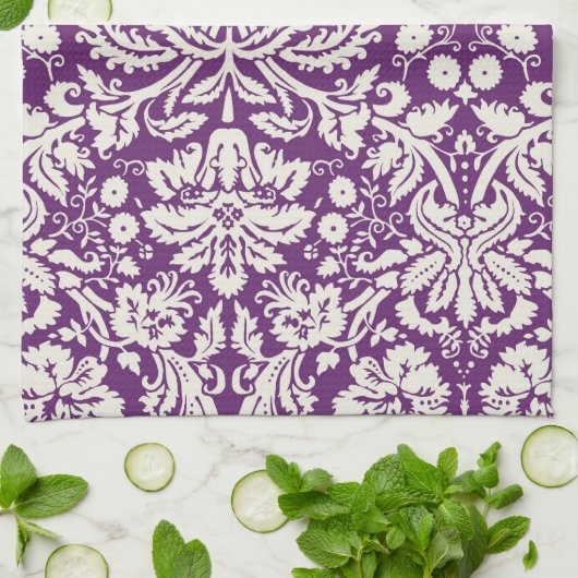 Plum White Damask Pattern Theedoek (Gevouwen)