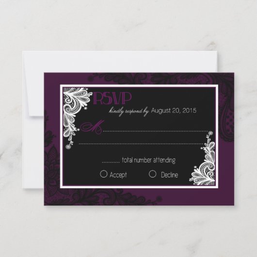Plum White en Black Lace Elegant RSVP-kaart RSVP Kaartje (Voorkant)