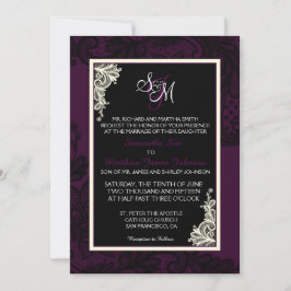 Plum White en Black Lace Wedding Invitation Kaart