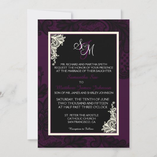 Plum White en Black Lace Wedding Invitation Kaart (Voorkant)